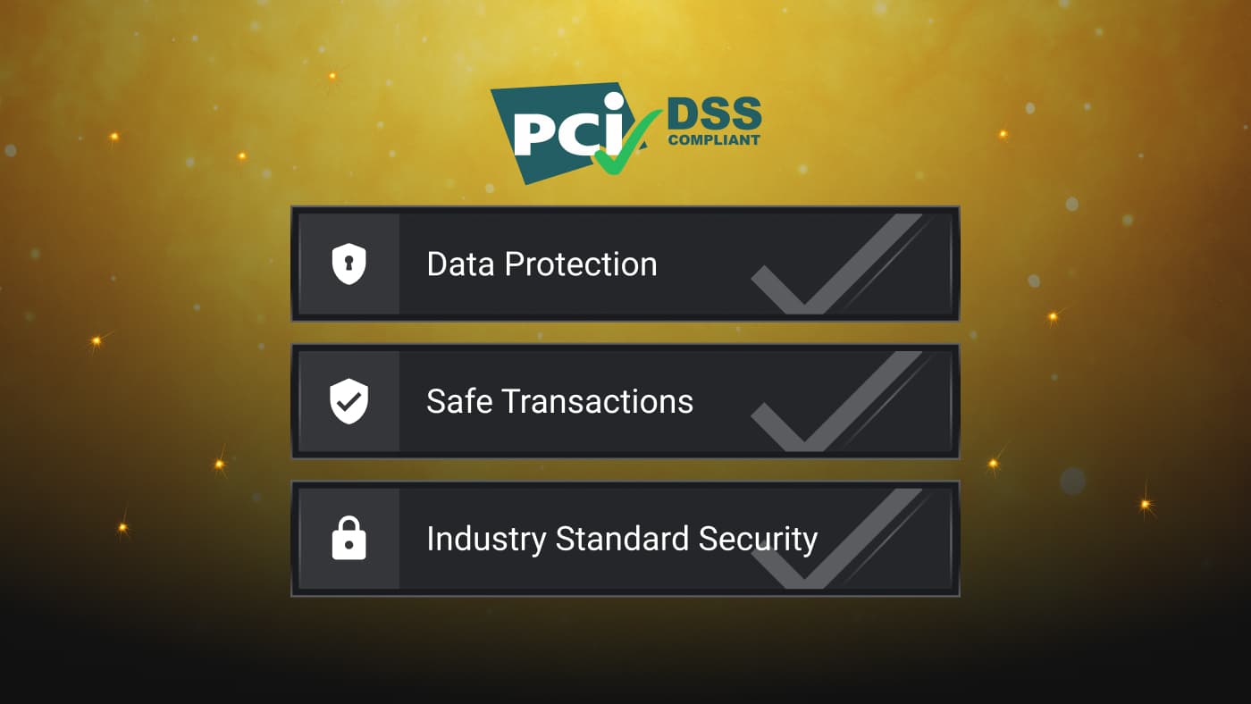 Three security points are highlighted: Data Protection, Secure Transactions, and Industry Standard Security
